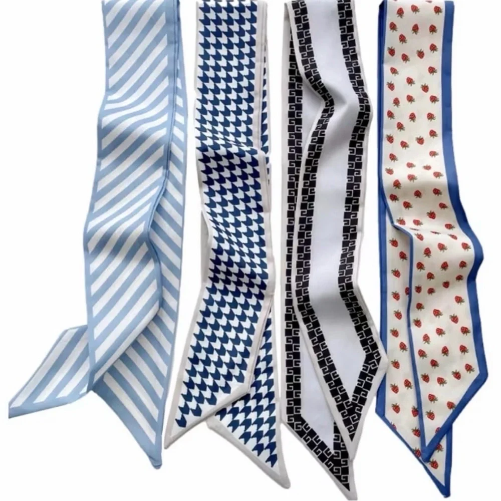 Parisian Chic Set of 4 Geometric Strawberry Twilly Scarves Stripes Houndstooth